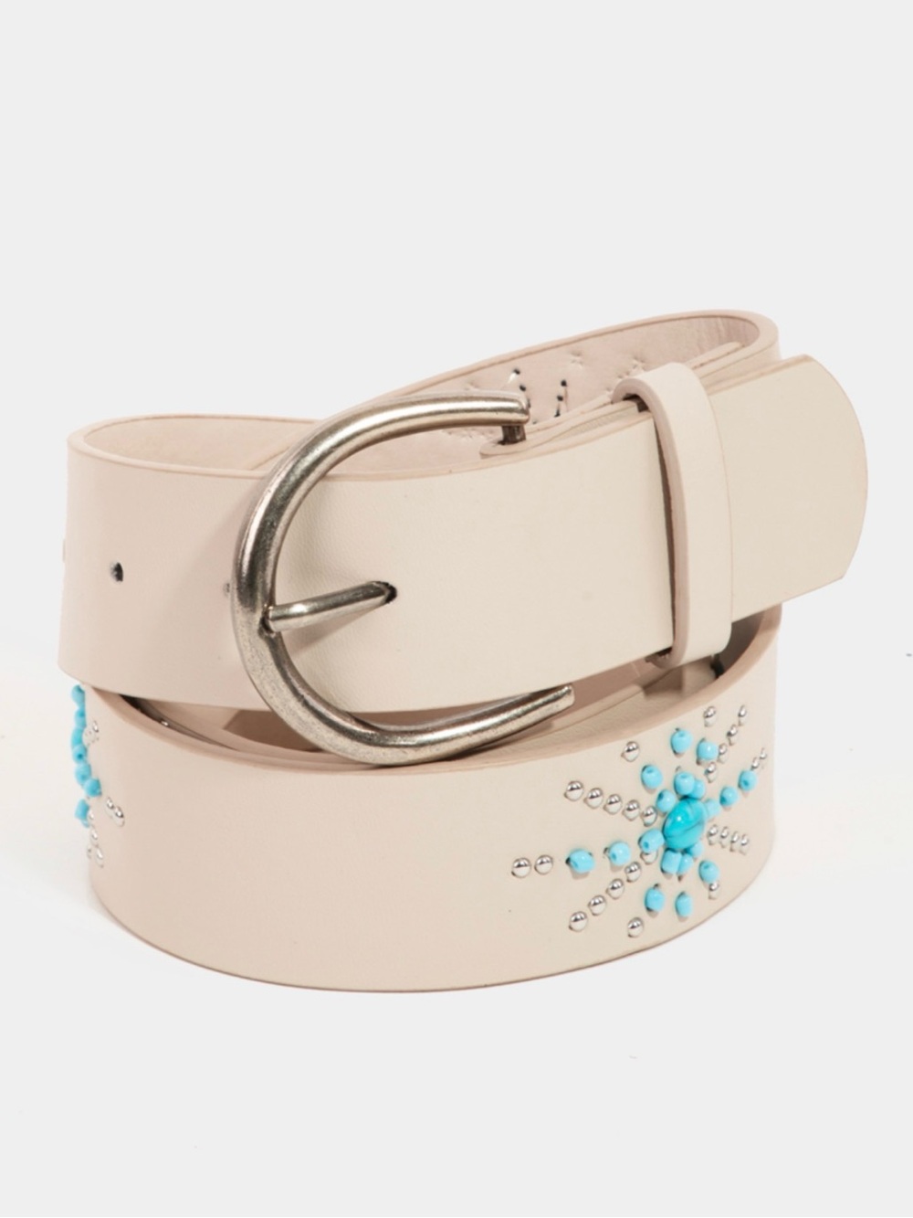 Cream Leather Like Belt with Turquoise Beads/Studs Embellishments